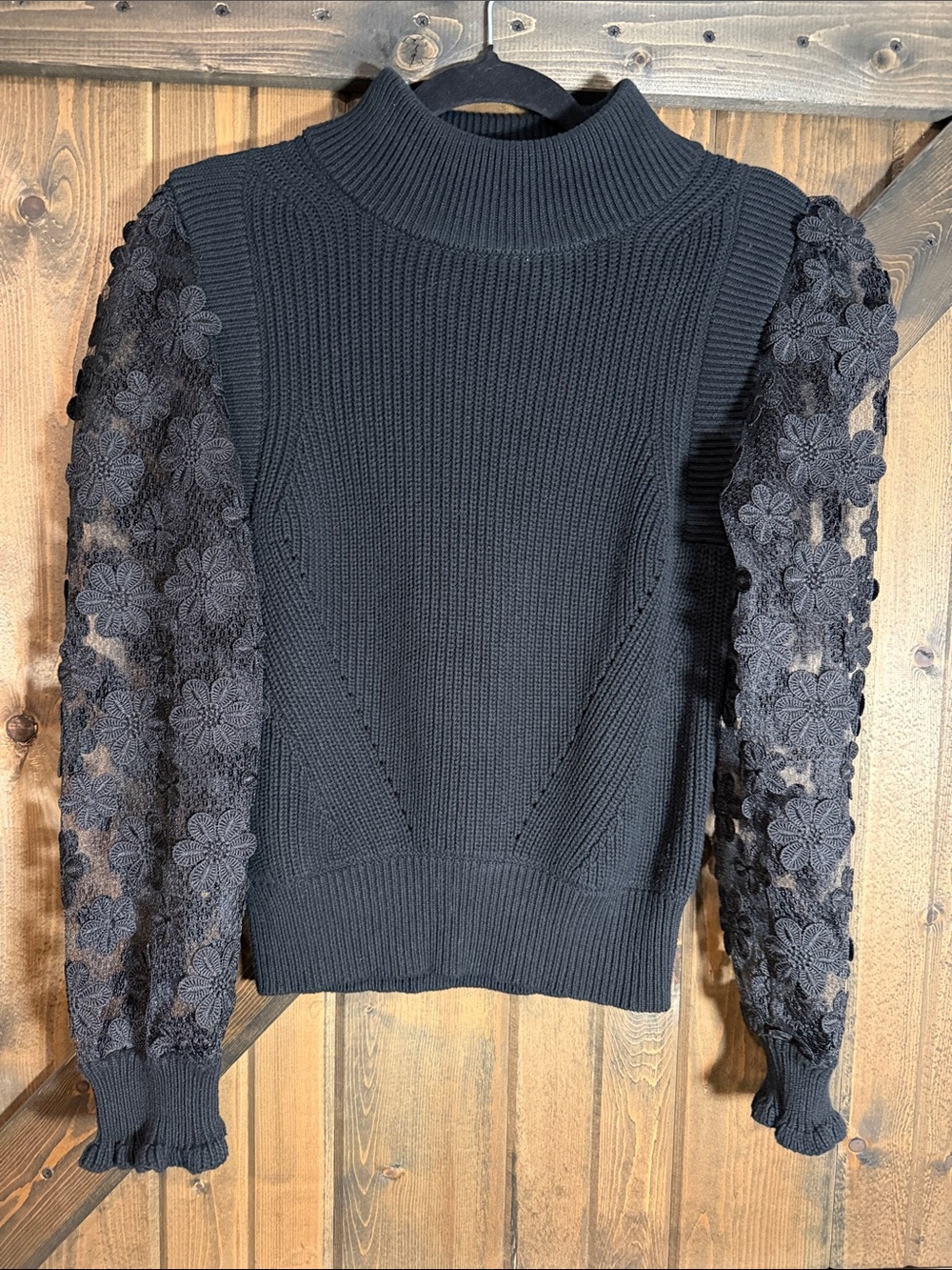 French Connection Black Ribbed Mock Neck Sweater with Floral Lace Sleeves